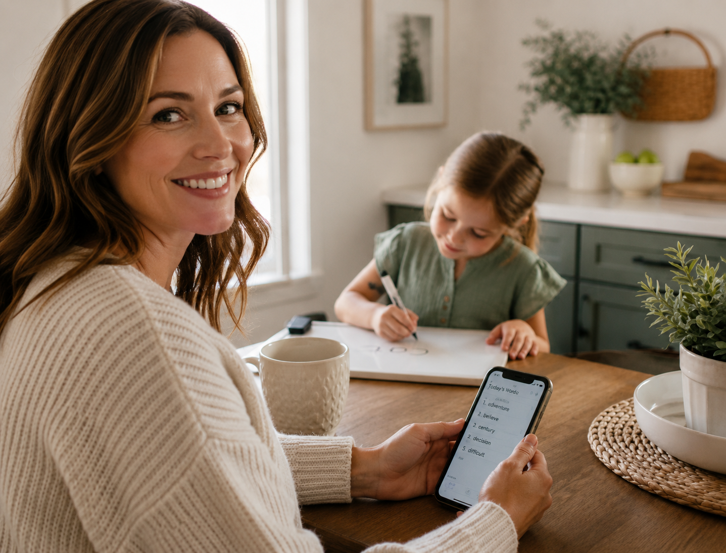A mom holding a phone with today’s spelling words while her daughter writes on a whiteboard